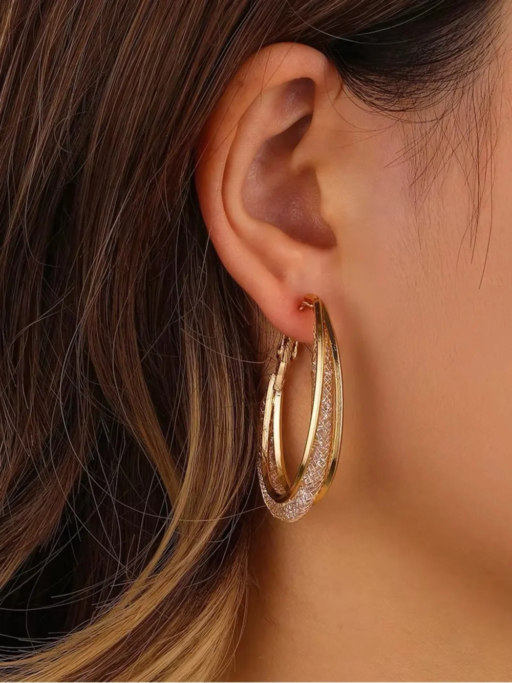 ** High-Quality Stainless Steel Gold Textured Double Hoop Earrings